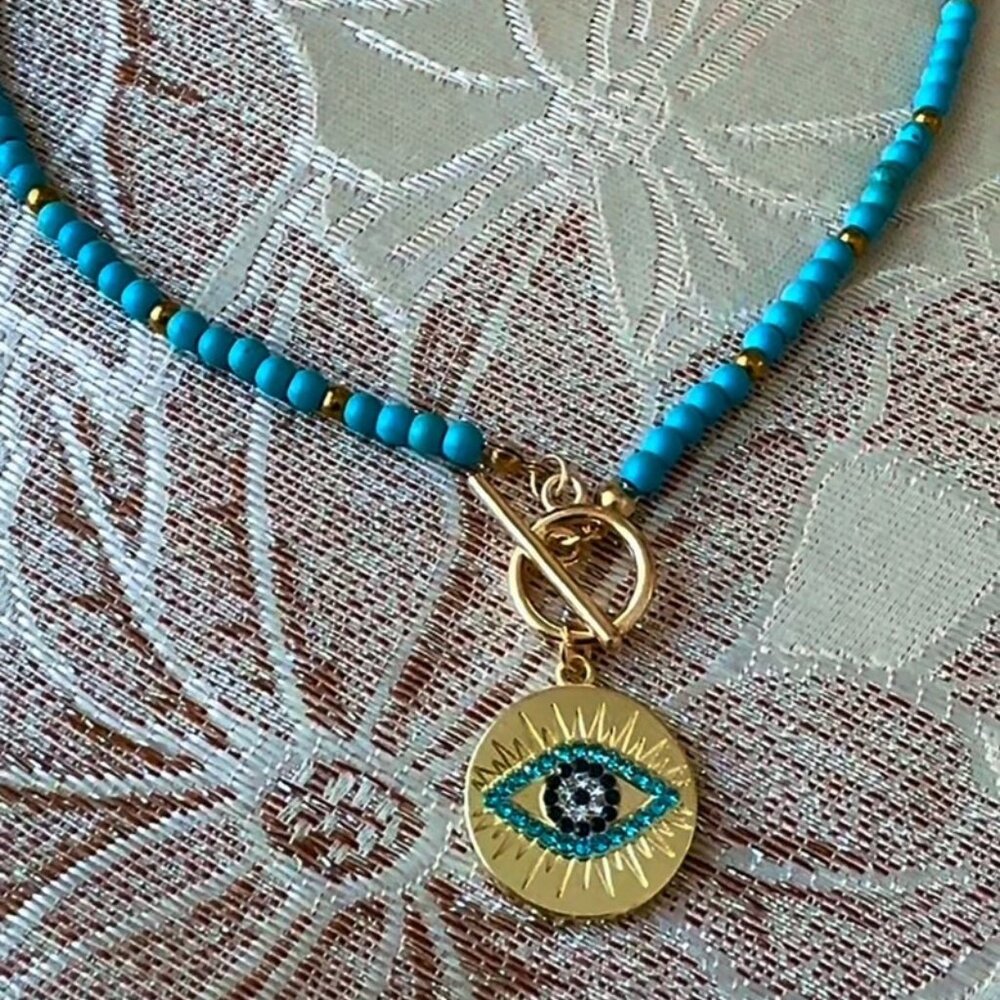 Eye Decor Beaded Necklace women Blue and Gold Color